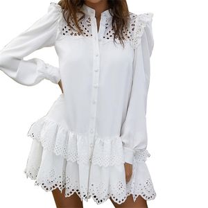 Women Dress Stand Collar Long Sleeve Single Breasted Shirt Hollow Out Ruffles Sexy Mini es Plus Size es 210513