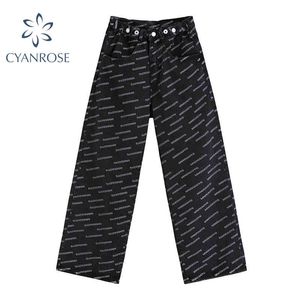 Cintura alta Botão Streetwear Denim Calças Carta Impressão Longo Long Leg Jeans Calças Y2K Harajuku E-Girl Estética Calças Retas 210417