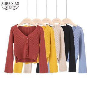 Koreański styl V-Neck z długim rękawem krótki sweter kobiety damskie dzianiny wcześnie jesień kardigan kobiecy pull femme 11036 210528