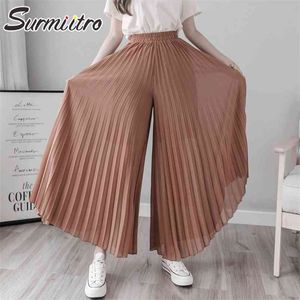 Primavera verão plissado largo perna calça mulheres casual senhoras chiifon estilo coreano cintura alta calças longas feminino 210421