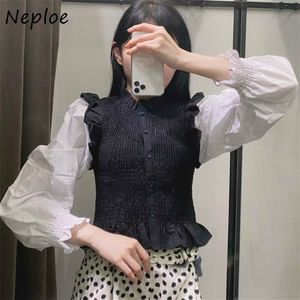 Pleated Slim Fit Women Blouse Stand Collar Puff Sleeve Shirt Single Breasted Fungus Panelled Patchwork Femme Blusas 210422