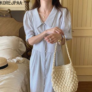 Korjpaa Kvinnor Klänning Sommar Fransk Western Style Lapel Black White Plaid Single-breasted Waist Puff Sleeve T Shirt Vestidos 210526