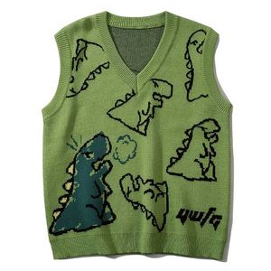 Lacible harajuku colete de malha tops homens dinossauro graffiti gráfico sleeveless colete solto casual kintted tank pullover streetwear 211006