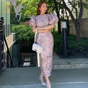 Ankomst Koreansk stil Slim Fashion Summer Dress Kvinnors Eleganta Lykta Ärm Skriv ut Long Vestidos 210520