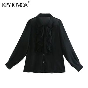 Women Fashion Pleated Ruffle Trims Black Blouses Long Sleeve Button-up Female Shirts Blusas Chic Tops 210420