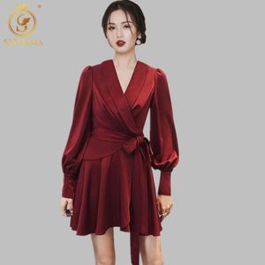 Women's Notched Neck Korea Dress Lace Up Bow Long Sleeve Dresses OL Elegant Work Wear Business Vestidos 210520