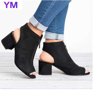 2020 New Style Ankel Boots Faux Suede Läder Casual Open Peep Toe Sandaler Fashion Zipper Square Heel Skor För Kvinnor Storlek 34-43 Y0721