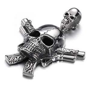 KP43973-BD Casting Stainless Steel Domineering Double Gun Skull Warrior Pendant Mens biker large Necklace Chain 22''