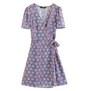 Rosa azul v pescoço manga curta seda envoltório vestido mini verão império flor floral impressão d0668 210514