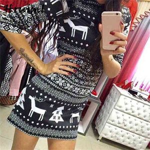 Christmas Dresses Fashion Sale O Neck Mini for Women Elegant Party Club Slim Half Sleeve Fawn Printing Dress 210513