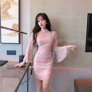 Wiosna Jesień Damska Dress Retro Republikański Styl Pure Color Trumpet Rękaw Talia Poprawiona Cheongsam LL161 210506