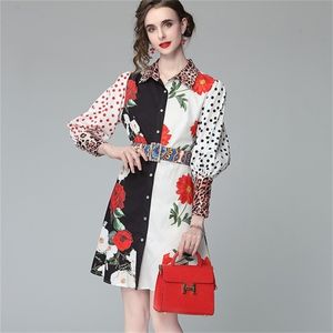 春のファッション滑走路のシャツのドレス女性のパフスリーブカジュアル花柄プリントエレガント210519