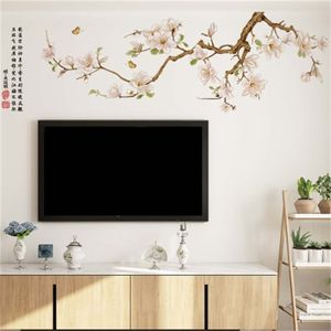 Chinese Style TV Background Wall Stickers Self Adhesive Living Room Sofa Wall Decal Magnolia Nordic Poster Bedroom Decor Mural 210705