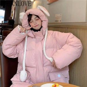 Winterjacke Frauen Solide Rosa Mit Kapuze Ohren Kawaii Süße Mujer Chaqueta Dicke Warme Mädchen Mantel Parkas Lose 18922 210415