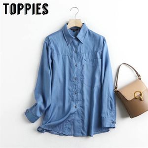 Women Blue Denim Blouse Soft Long Sleeve Tops Shirt Blusas 210421