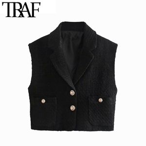 TRAF Kadınlar Moda Metal Düğmeler Ile Tweed Kırpılmış Yelek Vintage Kolsuz Elastik Hem Kadın Yelek Ceket Chic Tops 210415