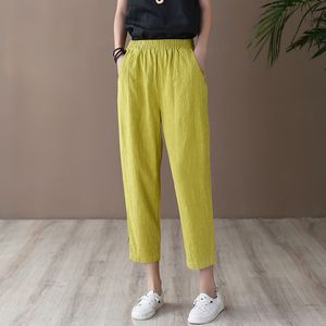 Johnature Leisure Cotone Lino Comode tasche Elastico in vita Pantaloni alla caviglia Pantaloni estivi larghi da donna 210521