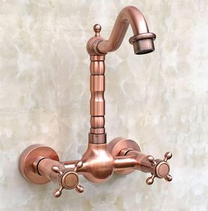 Bathroom Sink Faucets Antique Copper 2 Hole Cross Handle Wall Kitchen Basin Faucet Cold Mixer Taps Swivel Spout 360' Drg031
