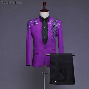 Purple Diamond Design Stand Collar 3 Piece White Tuxedo Suit Men Party Wedding Mens Suits with Pants Stage Singer Costume Homme X0909