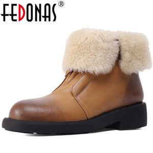 Botas de neve solas grossas para meninas zíper de couro genuíno rodada plataforma de tornozelo chunky trabalhando saltos 210528