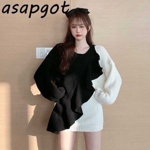 TröjorJumpers Höst Vinter O Neck Full Patchwork Kontrastfärg Ruffles Pullovers Tröja Kvinnor Retro Pull Femme Tjock Coat 210610