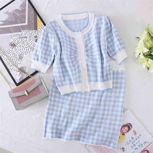 Koreański Sweet Sweter 2 sztuka Zestaw Kobiety Crop Top + Mini Spódnice Zestawy Kratę Krótki Dzianiny Kardigan Spódnica Dresy Garnitury Pocenia 210514