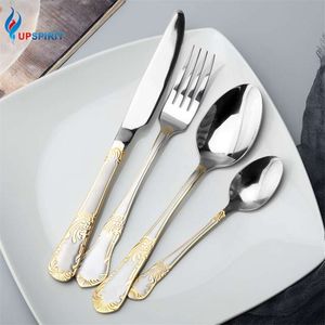 Uppspirit 4 16 24pcs guld rostfritt stål bestick uppsättning gaffelskedar kniv silverware kit lyxig porslin dinnerware för hem 210928