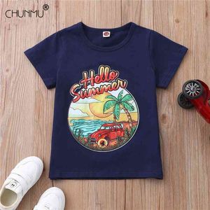 Erkek Çocuklar için T-shirt Yaz O-Boyun Kısa Kollu Tees Gömlek 4-12 Yıl Çocuk Karikatür Baskılı Desen Pamuk Tops 210508