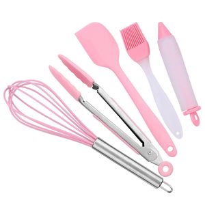 5pcs/set Silicone Cake Tool Silica Gel Spatula Scraper Oil Brush Food Tongs Egg Beater Whisk Cakes Decoration Pen Pink Baking BH4104 TYJ
