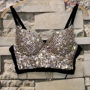 Plus Size High quality Hand-made Pearls Jewel Diamond beading Women's Sexy Bustier Bra Cropped sling Top Vest Bra bling 210714