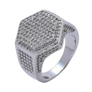 Anelli Hip Hop Rock per uomo Gioielli di moda 2 colori Bling ghiacciato Micro pavimenta geometrica Anello in argento dorato ghiacciato con zirconi