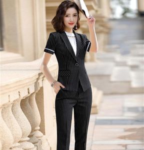 Summer Black Blazer Women Business Suits Byxa och jacka Set Office Ladies Work Wear Cloth Sleeve Women's Two Piece Pants