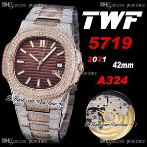 2021 TWF 5719 Cal A324 Automatik-Herrenuhr, zweifarbiges Roségold mit Pavé-Diamanten, braunes Zifferblatt, Iced-Out-Diamantarmband, Super Edition-Schmuckuhren, Puretime d04