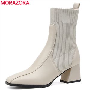 Morazora حجم 34-43 جلد طبيعي أحذية النساء مربع عالية الكعب الخريف الشتاء أحذية الكاحل للنساء الأزياء والأحذية 210506