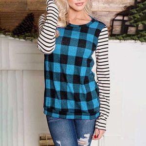 Sommar plaid print långärmad t-shirt damkläder mode o nacke plus storlek lösa damer toppar casual streetwear tee shirt 210608