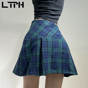 Amerikanische Vintage Plaid Nähte Hohe Taille Rock Frauen Casual All-Match College-Stil Kurze A-Linie Röcke Sommer 210427