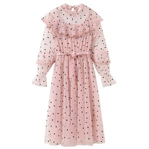 女性Polka Dot Meshツーピックピンクアプリコットスタンドカラー長袖サッシパールビーズニーレングスドレスD2579 210514