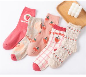 Calzini da donna Cotone carino Colore rosa Stawberry Ragazze da donna Pied de poule Check Griglie a righe Calzino tubo Vintage Meias Sox