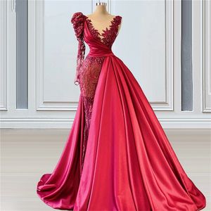 Luxury Red Mermaid Prom Dresses With OverSkirt Glitter Sequins Crystal Appliced ​​Satin Formell aftonklänning Anpassad Long Sleev254N