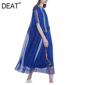 Lato Moda Kobiety Ubrania Okrągły Neck Krótkie Rękawy Niebieski Kolor Paski Organza Luźna Dress 210421