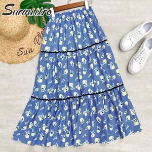 SURMIITRO SOMMAR MIDI LONG PLATED kjol Kvinnor Koreansk stil Blå Blommig Print Hög midja Midlängd Kjol Kvinna 210712