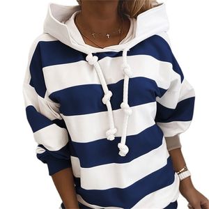 Stripe Women's Sweatshirt med en huva tappade axel långärmad huva hoody kvinnlig casual höst lösa damer hoodies 210909