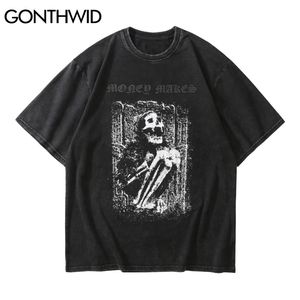 Gonthwid Streetwear Distressed T shirts Hip Hop Skelet Skull Korte Mouw T shirts Punk Rots Gotische Tees Shirts Harajuku Tops