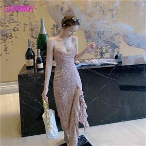 LDYRWQY Sexy beach flounces show back slim slit halter holiday dress Office Lady Zippers V-Neck Polyester 210416