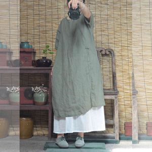 ジョニー教徒の女性ヴィンテージソリッドカラードレス夏のOネック半袖リネン緩い女性中国風のドレス210521