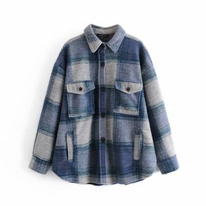 Vintage kobieta Oversized Blue Plaid Patchwork Woolen Coat Jesień Zima Moda Damska Miękkie Grube Koszule Kobiet Luźna Kurtka 210515