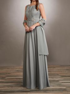 Abito da madre della sposa in chiffon Corpetto drappeggiato grigio argento e gonna arricciata