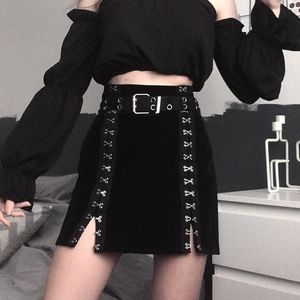 Punk Goth Estetyczne Dark Black Velvet Spódnica Kobieta Rocznika Grunge 90. Y2K Dziewczyna Ubrania Breasted Podziel Wysoką Talia Mini Spódnice 210517