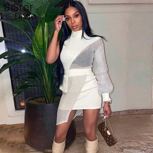 Irregular Turtleneck Bodycon Mesh Mini Dress Women Patchwork One Shoulder Long Sleeve Simple Elegant Casual Outfits Whit Pocket Y1006