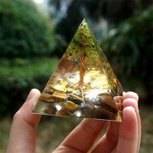 Handmade Drzewo Życia Orgone Piramida 60mm Peridot z Tygrysem Kryształowy Kamień, Akumulator, EMF Orgonite Energy Chakra 211105